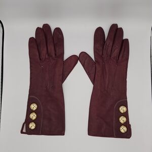 VTG Guder Maroon Leather Gloves Sz8 Silk Lined Gauntlet Gloves Gold Dome Buttons